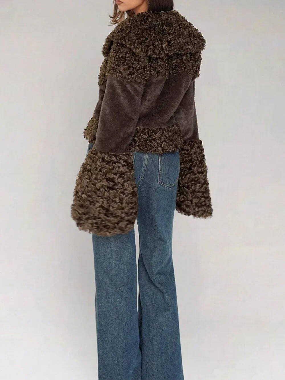 Brown Casual Women's Curly Faux Fur Collar Patchwork Open Front Short Jacket - Picture 2 of 6